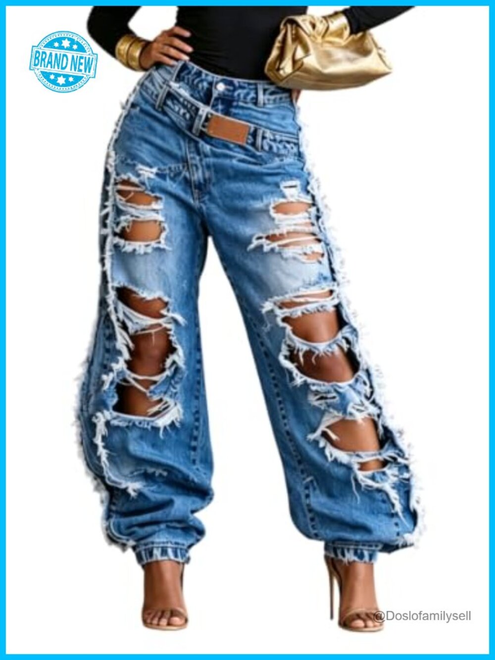 Womens Barrel Jeans High Waisted Ripped Distressed Raw Hem Denim
